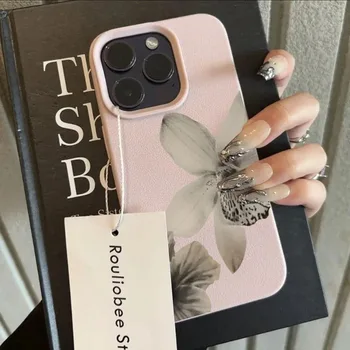 iPhone 16: Schwarz-Weiß Blumenmuster Handyhülle Lichee-Muster Weiche Handyhülle