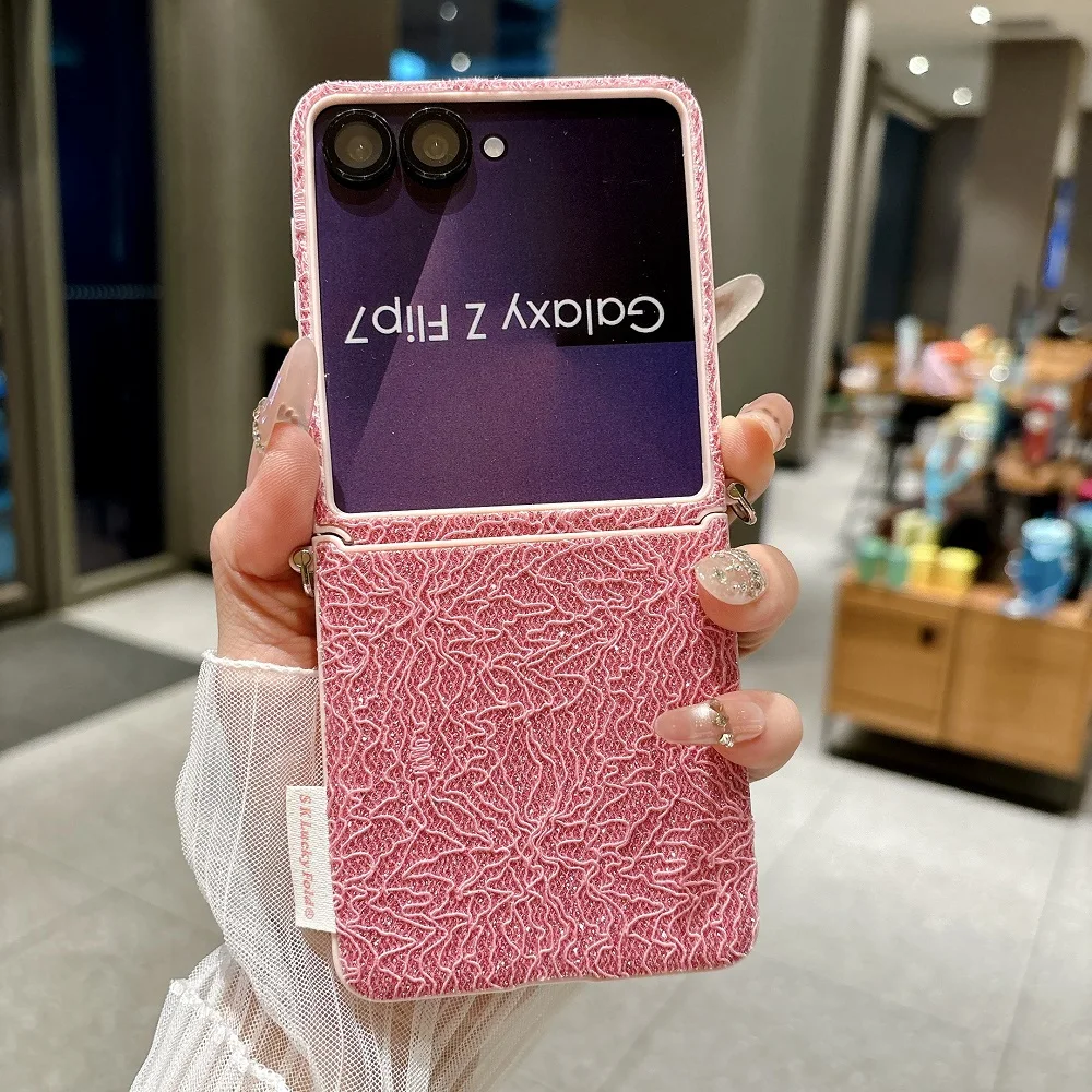 Galaxy Z Flip5: Luxuriöse Glitzer-Handyhülle mit Spitzen-Seitenschnalle 7 6 5 Flip7 FE, einfarbige stoßfeste Schutzhülle