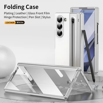 Galaxy Z Fold6: PU-Leder Handyhülle mit Scharnierschutz, Hülle mit Frontbildschirm-Schutzfolie+Stift