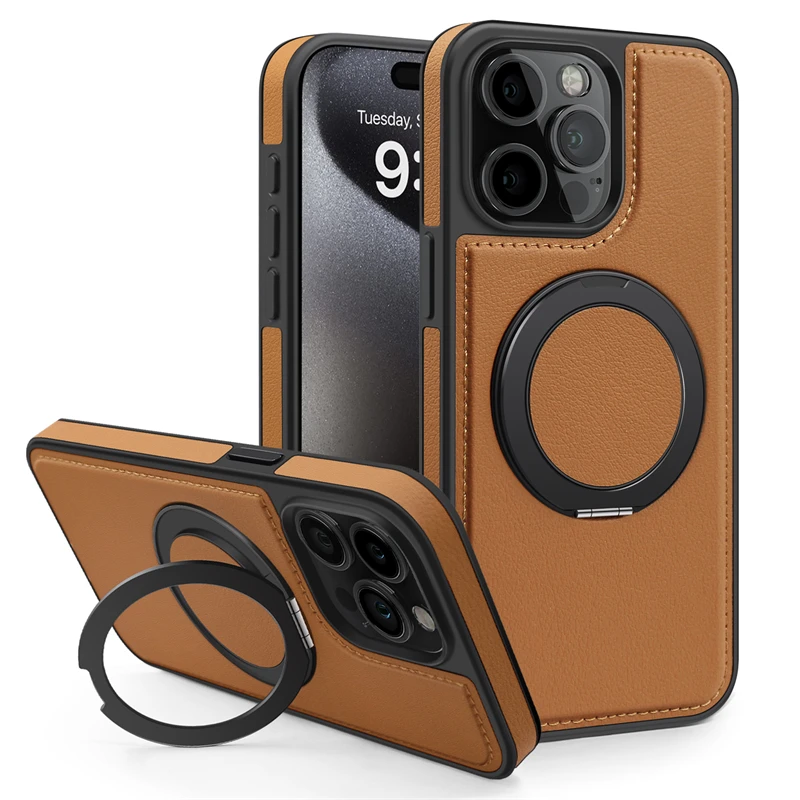 iPhone Air: 360° drehbarer Metallringständer, magnetische Lederhülle für Magsafe Halterung