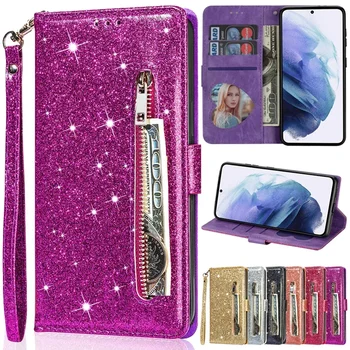 Galaxy S21 FE: Brieftasche Glitter Zipper Flip Ledertasche Rand