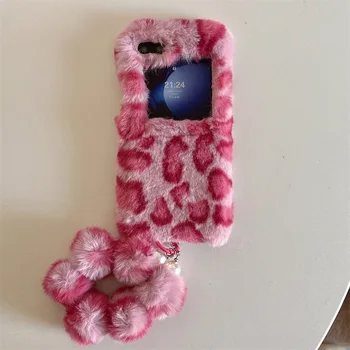 Mode Leopard Print Flauschigen Plüsch Handgelenk Strap Halterung Telefon Fall stoßfest Abdeckung