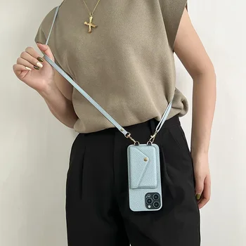 iPhone 13: Lanyard-Umhängeriemen-Leder-Handyhülle, Geldbörse mit Kartenhalter-Abdeckung