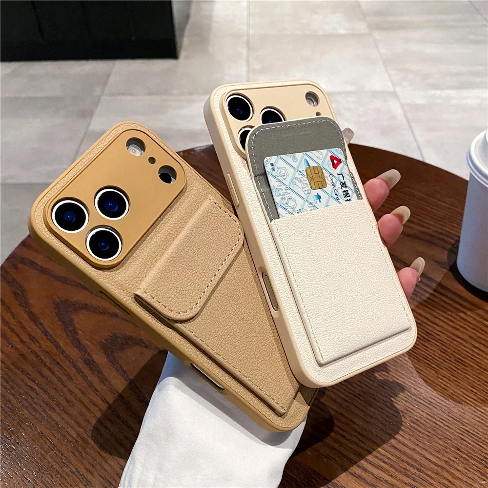 iPhone 15: Luxus Leder Kartenhalter Brieftasche Fall Kamera Objektiv Schutz Abdeckung