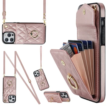 IPhone 12 Pro: Crossbody Lanyard Ringhalter Ledertasche Multi-Kartensteckplatz Wallet Cover