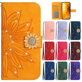 IPhone 13 mini: 3D Glitter Handy hülle für Funda Hüllen Sonnenblumen leder Brieftasche Flip Cover