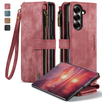 Galaxy Z Fold5: Reißverschluss-Leder-Brieftaschen-Handyhülle Fold8 Fold7 Fold6 mit Handschlaufe und Kartenfächern