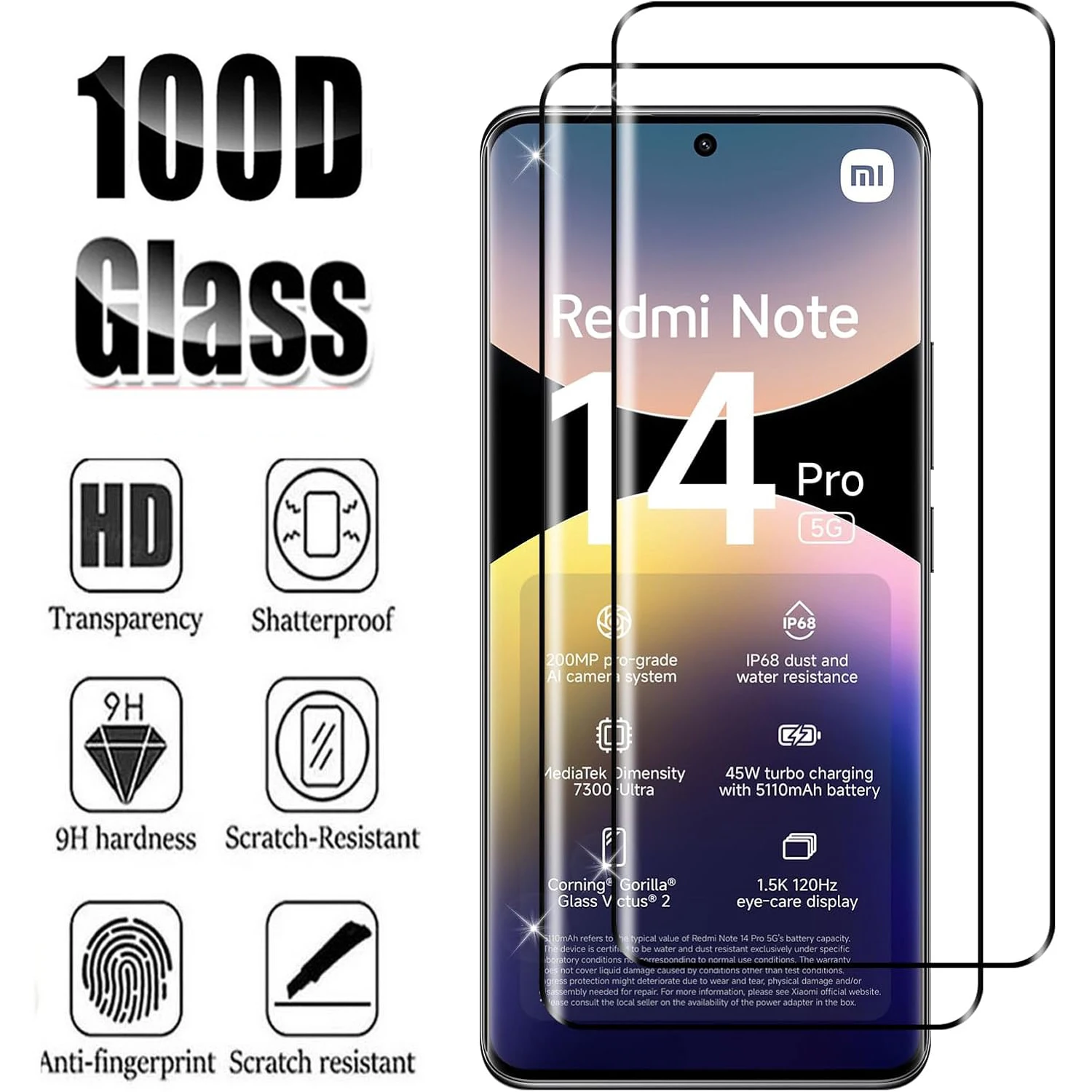 Redmi Note 14 Pro+ 5G: 2/4 Stück HD gehärtetes Glas / 3D gebogene vier Seiten Kleber Displayschutzfolie