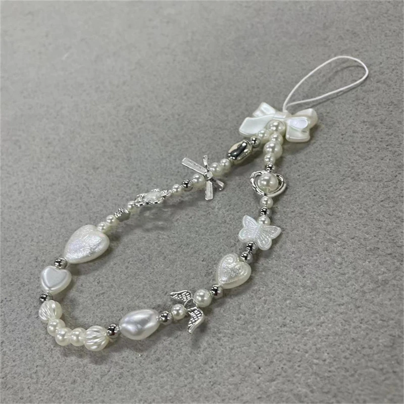 Perlen-Handyketten-Charm-Lanyard für iPhone Samsung, niedliche barocke weiße Schleife, Blumen-Charm, universelles Zubehör, Schmuckanhänger – Bild 6