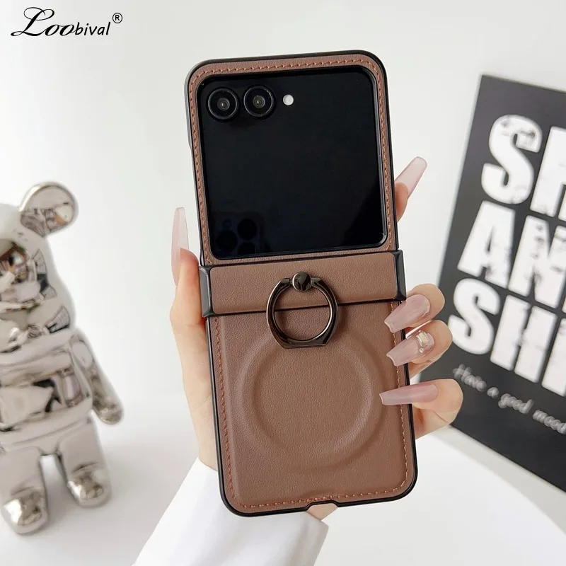 Galaxy Z Flip7: Luxuriöse Ringhalter-Lederhülle mit Magnetischer Halterung und Mattschutz