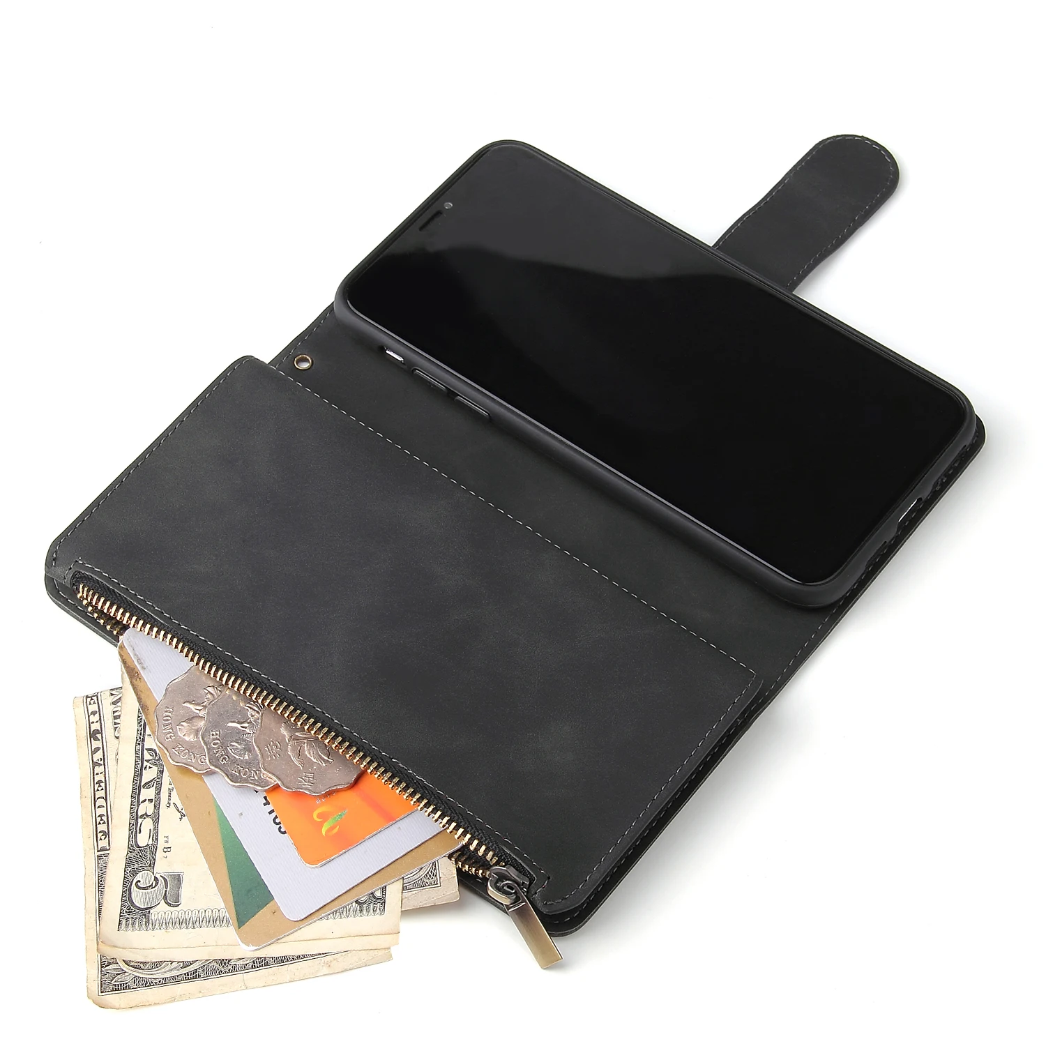 Premium-Leder-Brieftaschen-Hülle Reißverschluss-Brieftaschen-Kartensteckplätze Magnetische Flip-Cover – Bild 4