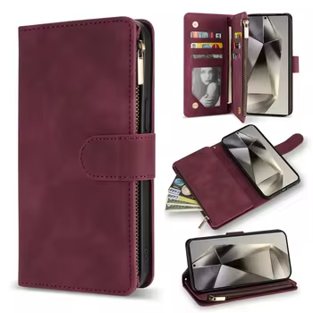 Galaxy S25+: Brieftaschen-Lederhülle mit Reißverschluss und Magnetverschluss