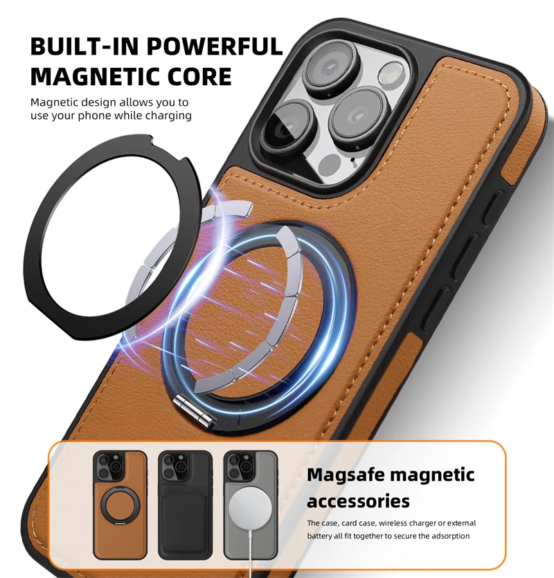 360° drehbarer Metallringständer, magnetische Lederhülle für Magsafe Halterung – Bild 4