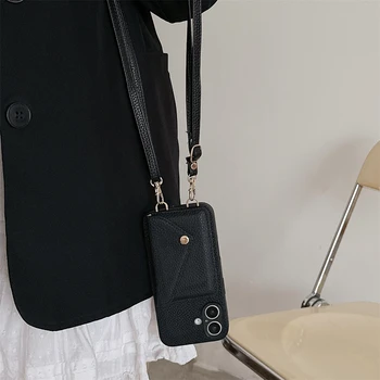 iPhone 13: Crossbody Lanyard Halskette Riemen Seil Leder Handyhülle Brieftasche Kartenhalter Abdeckung
