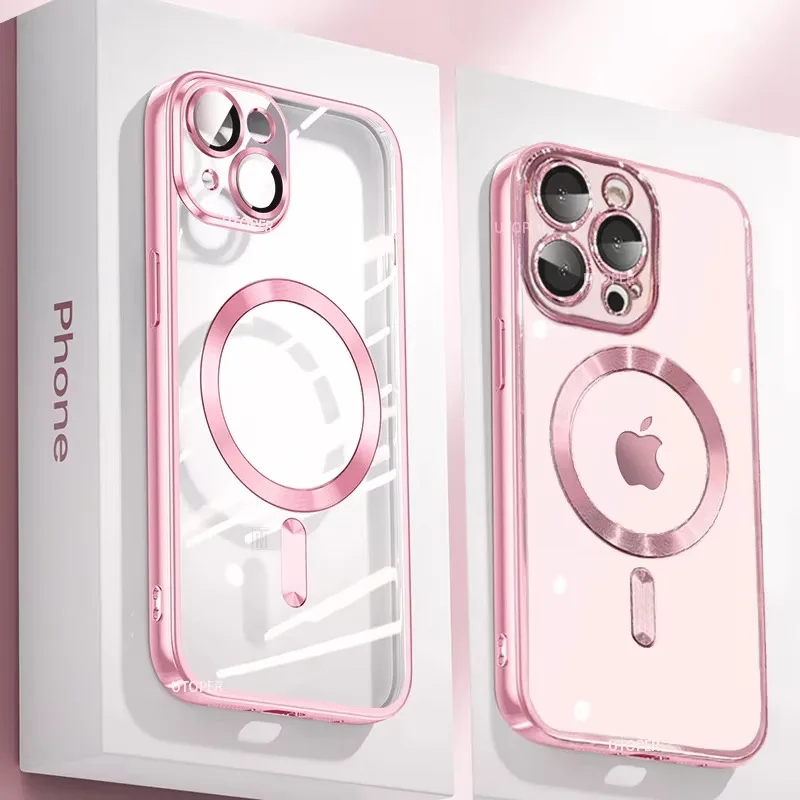 iPhone 11 Pro Max: Klare, plattierte, ultradünne Silikonhülle, Magsafe, magnetische Linsenfolie, Schutzabdeckung, Rosa