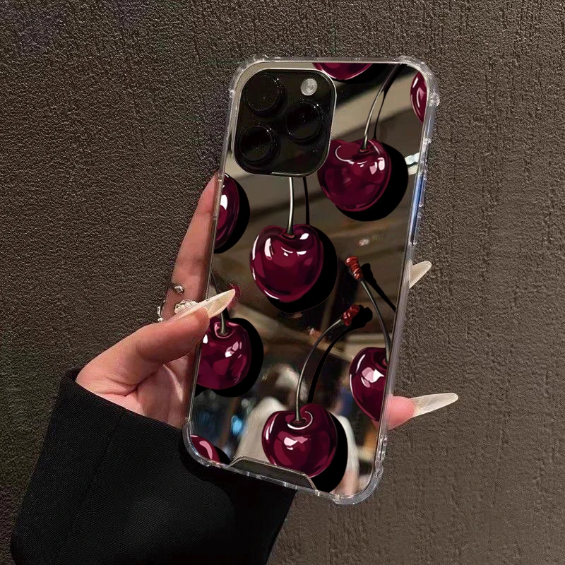 Galaxy S22 Ultra: Süße Kirschmuster Handyhülle Make-up-Spiegelabdeckung
