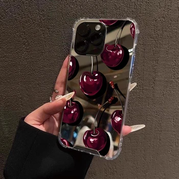 Galaxy S25 Ultra: Süße Kirschmuster Handyhülle Make-up-Spiegelabdeckung