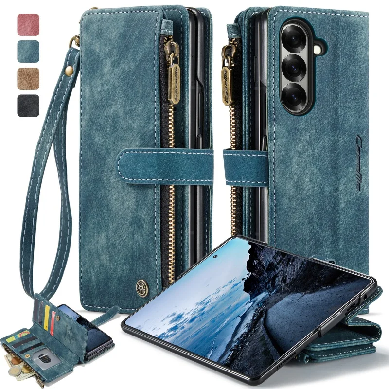 Galaxy Z Fold6: Reißverschluss-Leder-Brieftaschen-Handyhülle Fold8 Fold7 Fold6 mit Handschlaufe und Kartenfächern