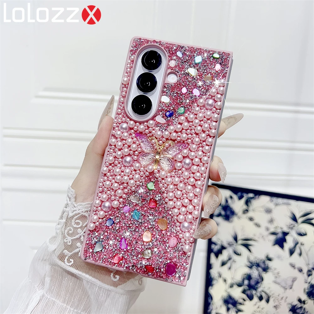 Galaxy Z Fold6: Glitzer Schmetterling Farbverlauf Diamant Perle Hülle Fold4 Fold5 Fold6 Pink Girl Geschenk Cover