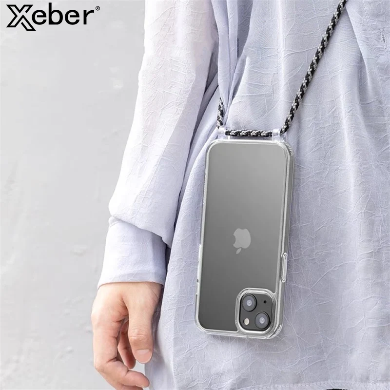 iPhone 14 Plus: Lanyard-Riemen, Crossbody-Kordel, Seil, durchsichtige Hülle, stoßfeste Acryl-Schutzhülle