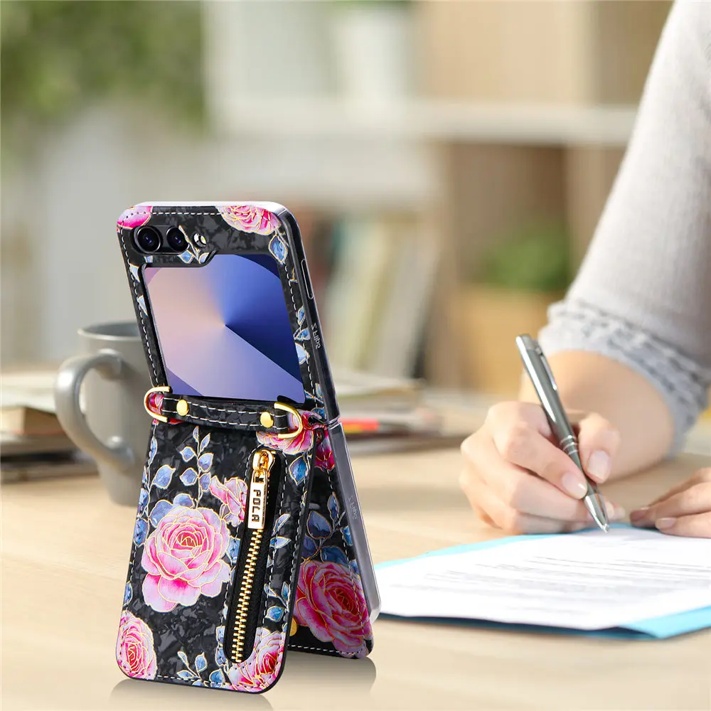 Reißverschluss Umhängetasche Karten Slot Blumenhülle 6 Flip Leder Lange Lanyard Strap Cover – Bild 5