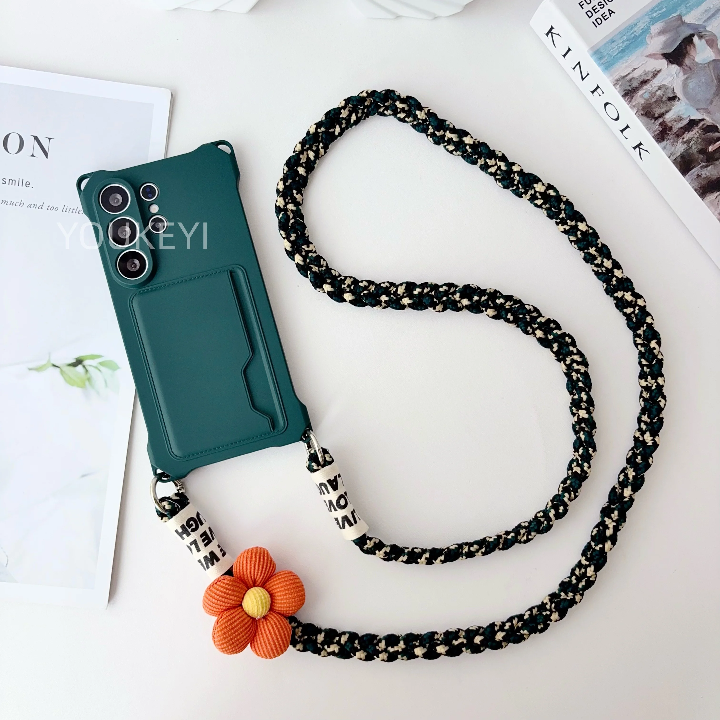 Galaxy S25+: Blumen-Geflochtene Crossbody-Lanyard-Hülle Brieftaschen-Silikonhülle