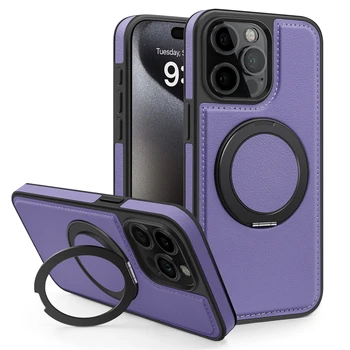 iPhone 16 Pro: 360° drehbarer Metallringständer, magnetische Lederhülle für Magsafe Halterung