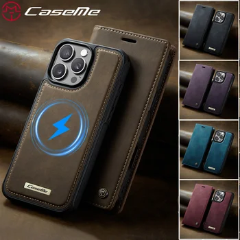 IPhone 15 Pro: Magnetische Flip-Leder-Handyhülle mit Kabelloser Ladefunktion, Brieftaschen- und Kartenfach