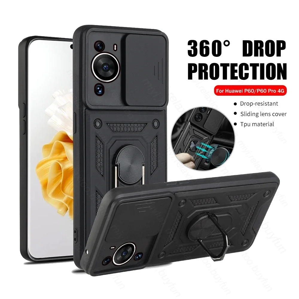 Huawei P60 Pro: Rüstung stoßfest Slider Objektiv Fall 4G magnetische Halter Ring schützen Fundas auf P60Pro 4G