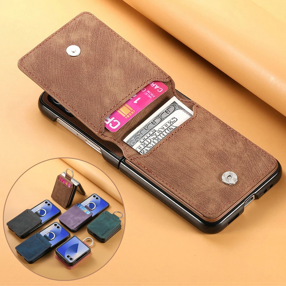 Galaxy Z Flip6: Flip7 FE Luxus-Hülle Faltbare Abdeckung Leder-Kartenhalter Rückseite Capa Ring Funda