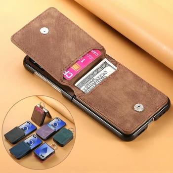 Galaxy Z Flip7: Flip7 FE Luxus-Hülle Faltbare Abdeckung Leder-Kartenhalter Rückseite Capa Ring Funda