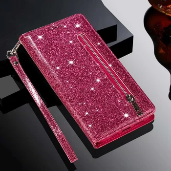 Galaxy A55: Brieftasche Glitter Zipper Flip Ledertasche Rand