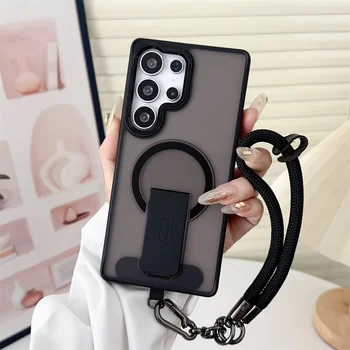 Galaxy S24 FE: Luxus Lanyard Magnetische Klapp Ständer Telefon Fall Rand FE Für Magsafe Drahtlose Lade kappen