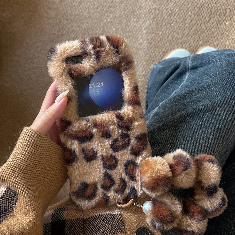 Mode Leopard Print Flauschigen Plüsch Handgelenk Strap Halterung Telefon Fall stoßfest Abdeckung – Bild 6