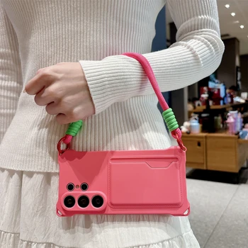 Galaxy S25: Geflochtene Crossbody-Trageriemen-Handyhülle mit Kartenfach und Silikonhülle