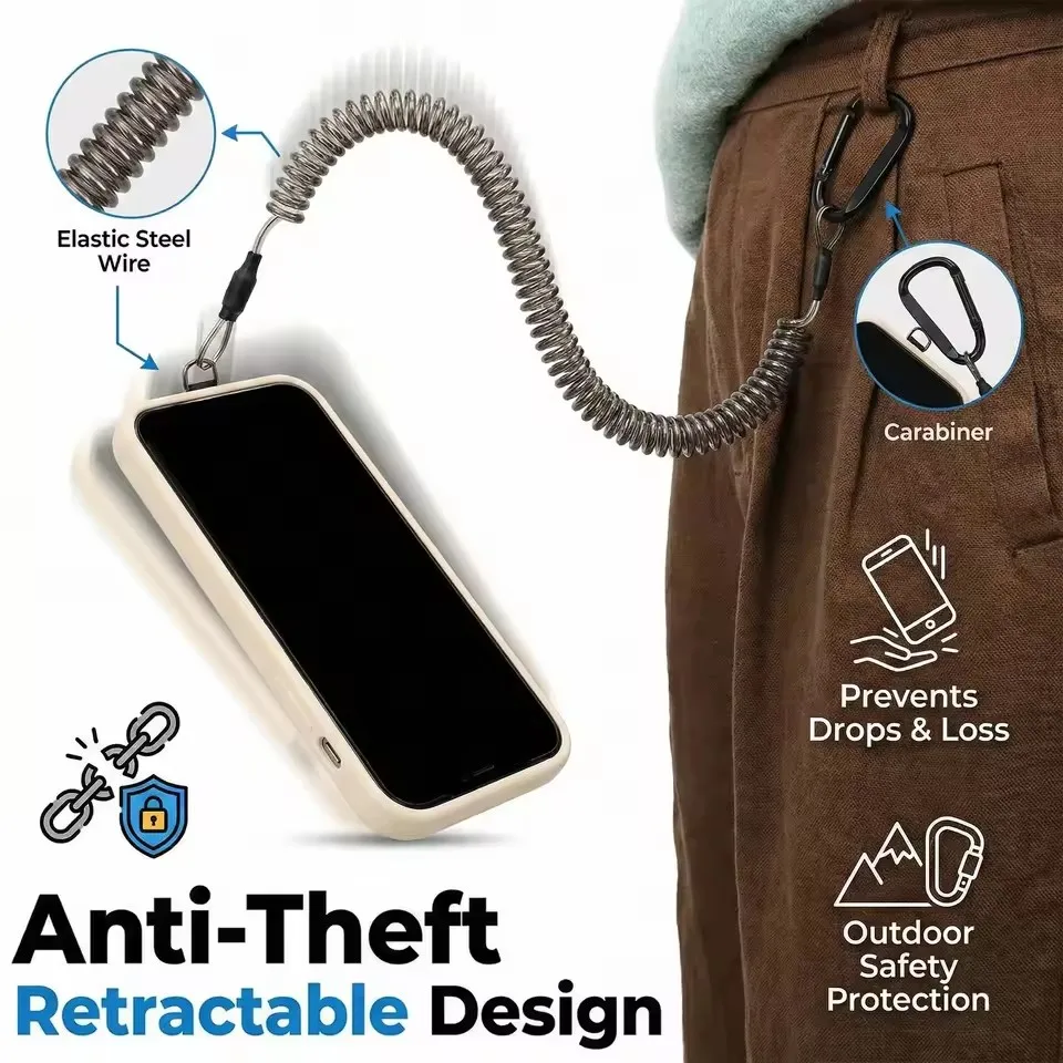 Einziehbare Sicherheits-Lanyards: Diebstahlsichere Feder-Handyriemen mit Befestigungslaschen und Schnellverschluss – Sicheres Werkzeug für iPhone & Mi