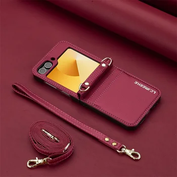 Galaxy Z Flip4: Brieftasche Umhängetasche Handyhülle Flip6 Flip7 5G mit Kartenhalter Handschlaufe Lanyard Leder