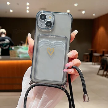 iPhone 15: Umhängetasche Lanyard Halskette Kordel Slot Kartentasche Klare Handyhülle Soft Cover