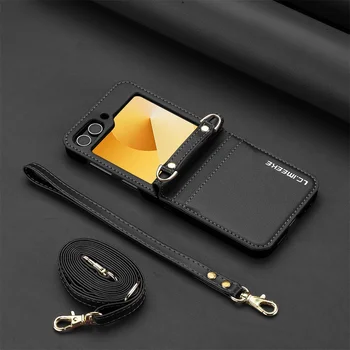 Galaxy Z Flip4: Crossbody-Geldbörsenhülle Flip8 Flip7 Flip6 5G mit Kartenhalter, Handschlaufe und Lanyard aus Leder