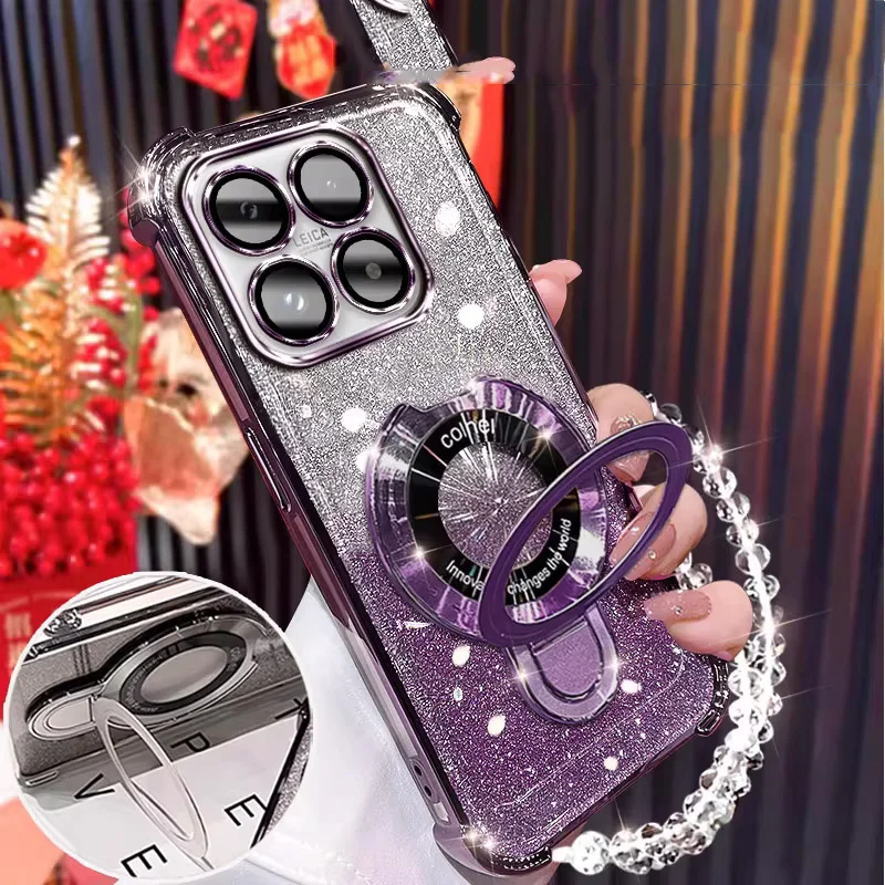 Galaxy S24 FE: Glitzernde Stoßfeste Hülle mit Magnetischer Halterung und Armband