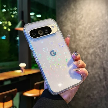 Pixel 9 Pro: Laser-Liebesmuster Transparente Handyhülle mit Airbag-Ecken und Stoßschutz, Harte Schutzhülle